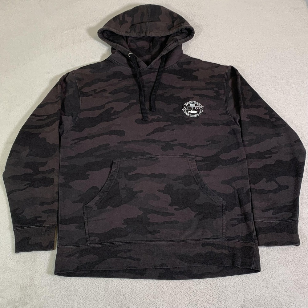 AFTCO Hoodie Mens Medium Gray Camo Pullover Fleece American Fishing Graphic Logo